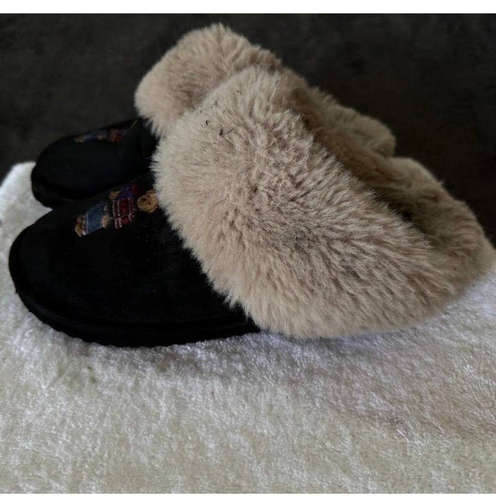 Polo Ralph Lauren Polo Bear Black Suede Faux Fur Lined Slippers Scuff Mens 9-10